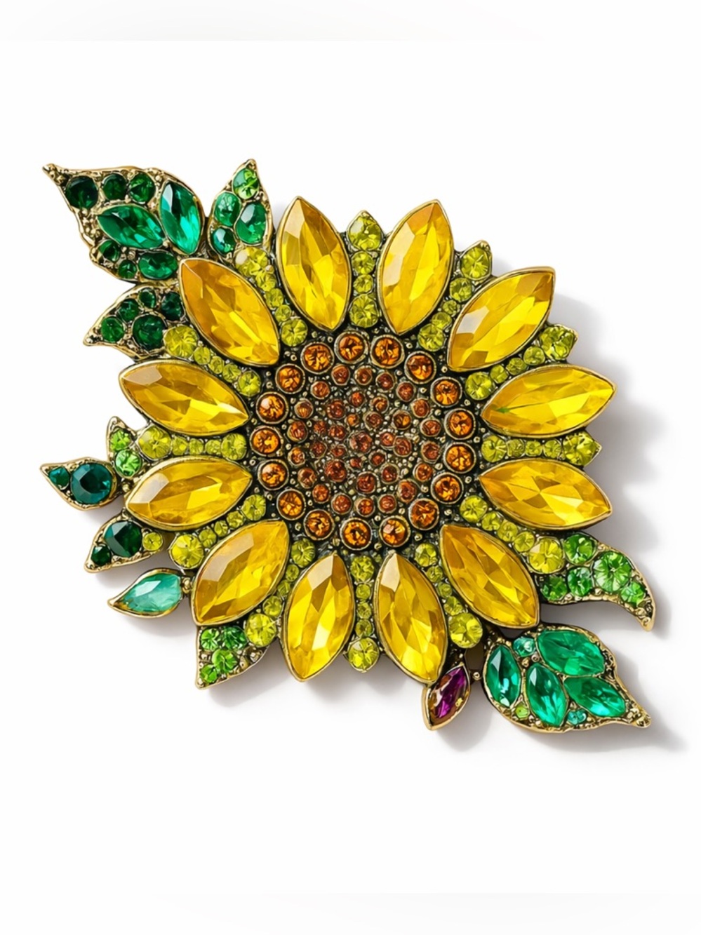 Sunflower Crystal Brooch - Yellow & Green Floral Pin
